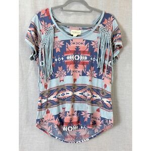 Denim & Supply Ralph Lauren Southwestern Fringe T-Shirt Blue Pink WW151 CORE L